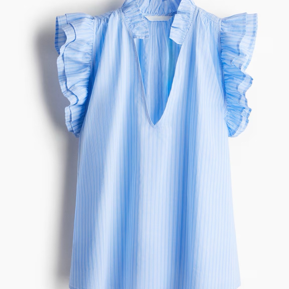 H&M Light Blue Striped Ruffle Poplin Blouse